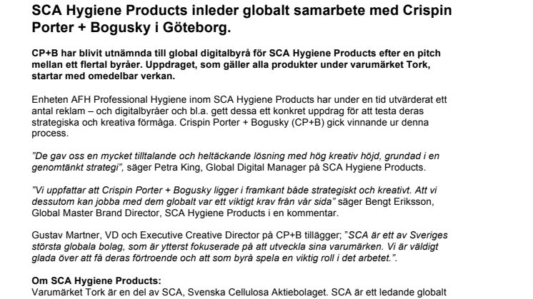 SCA Hygiene Products inleder globalt samarbete med CP+B Sverige