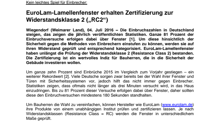 EuroLam-Lamellenfenster erhalten Zertifizierung zur Widerstandsklasse 2 („RC2“) 