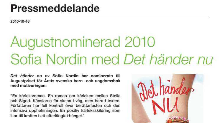 Augustnominerad 2010: Sofia Nordin med "Det händer nu"