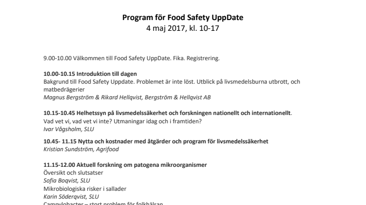 Program för Food Safety UppDate Ultuna i Uppsala 4 maj 2017