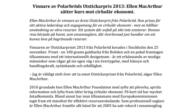 Vinnare av Polarbröds Utstickarpris 2013: Ellen MacArthur sätter kurs mot cirkulär ekonomi