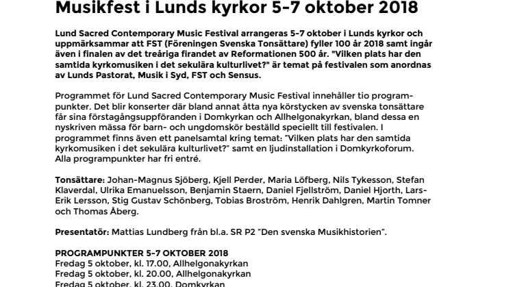 Musikfest i Lunds kyrkor 5-7 oktober