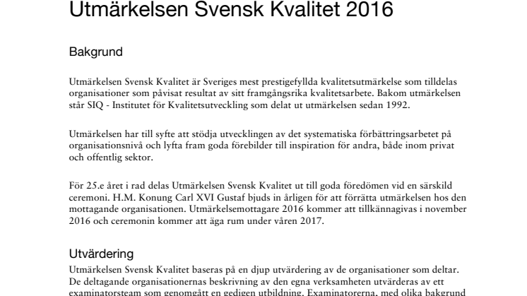 Introduktion till Utmärkelsen Svensk Kvalitet