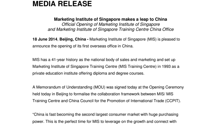 Marketing Institute of Singapore makes a leap to China
