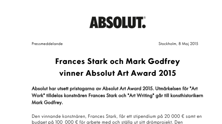 ​Frances Stark och Mark Godfrey vinner Absolut Art Award 2015