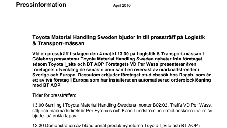 Toyota Material Handling Sweden bjuder in till pressträff på Logistik & Transport-mässan 