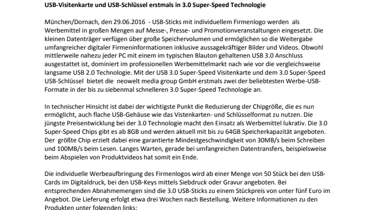USB-Visitenkarte und USB-Schlüssel erstmals in 3.0 Super-Speed Technologie