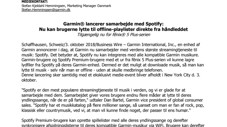 Garmin® lancerer samarbejde med Spotify:  Nu kan brugerne lytte til offline-playlister direkte fra håndleddet