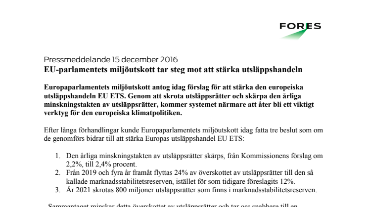 EU-parlamentets miljöutskott tar steg mot att stärka utsläppshandeln