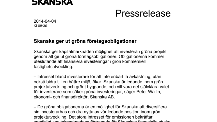 Skanska ger ut gröna företagsobligationer