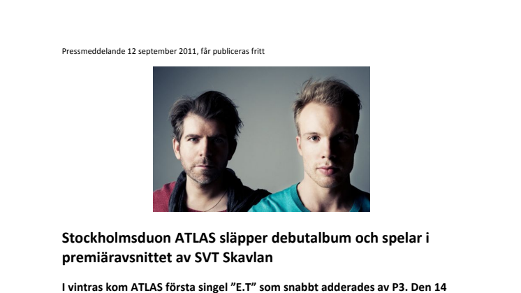 Stockholmsduon ATLAS släpper debutalbum och spelar i premiäravsnittet av SVT Skavlan