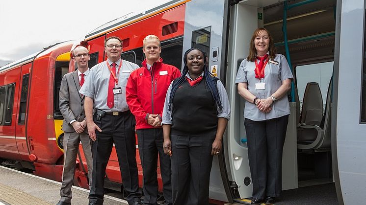 Gatwick Express staff members (left to right) David Stronell (Area Station Manager), Stephen Knight and Daniel Burn (On-board Supervisors), Beverly Bamfo (Customer Service Host) and Sarah Jones (Ticket Office Sales)