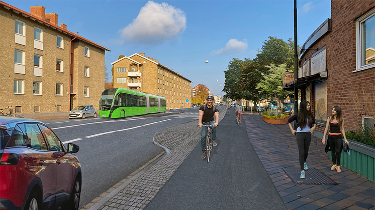 Mariedalsvägen i höjd med Kronborgsvägen, med ny dubbelriktad cykelbana i fokus. Visionsbild: Ramboll