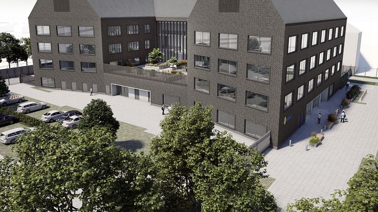 Visionsbild för nytt polishus vid Exportgatan inom stadsdelen Backa. Bild: Arkitektbyrån Design.