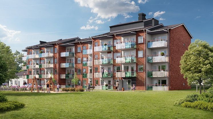 Tegelklädda fasader med balkonger och inslag av trä pryder år 2025 inflyttningsklara och klassiskt gestaltade lamellhus i Skelleftehamn. Bild: SBB Norden AB 