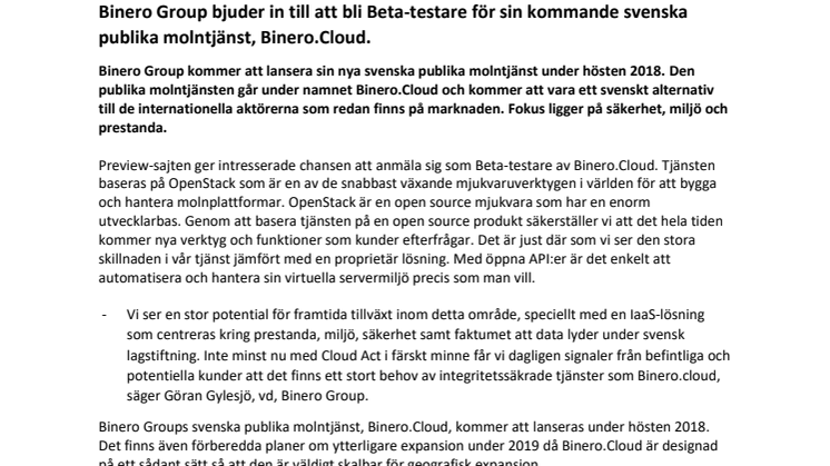 Binero Group bjuder in till att bli Beta-testare för sin kommande svenska publika molntjänst - Binero.Cloud.