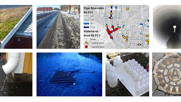 Gröna tak, snösmältning, ledningsnät, avloppsrör, regn & vattenavledning, provtagningar, manhål – många olika moment i dagvattenforskningen. Foton: G Blecken, LTU, K Berggren, Tyréns, samt C Westerlund, Vattenmyndigheten – Bottenvikens vattendistrikt