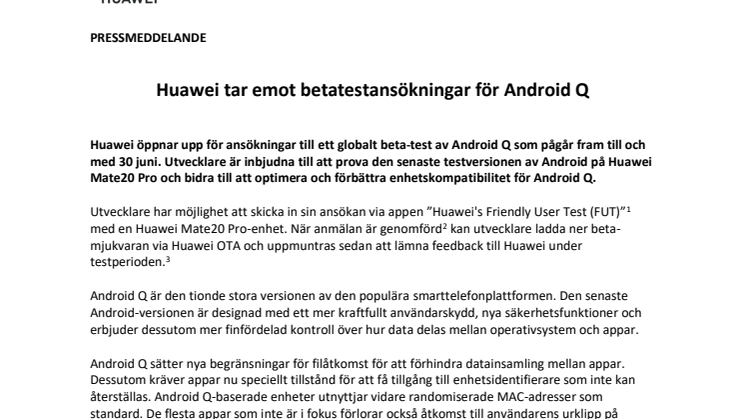 Huawei tar emot betatestansökningar för Android Q 