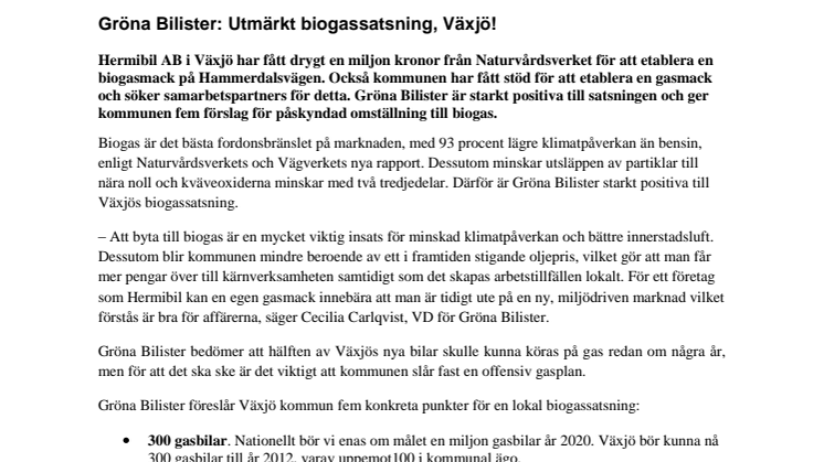 Gröna Bilister: Utmärkt biogassatsning, Växjö!