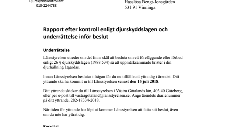 Kontrollrapport 2018 Lidköpings kaninfarm
