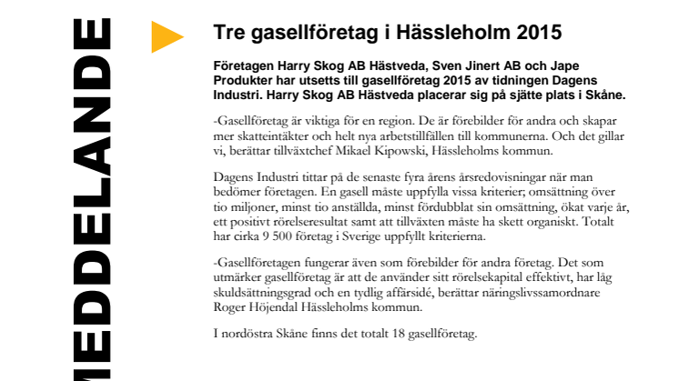 Tre gasellföretag i Hässleholm 2015