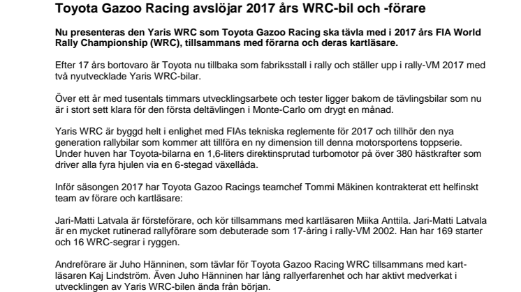 Toyota Gazoo Racing avslöjar 2017 års WRC-bil och -förare