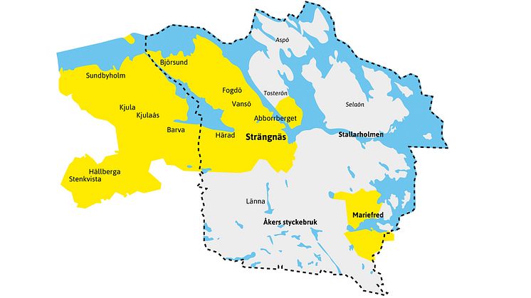 Kartan visar SEVABs elnätsområde (de gula partierna). SEVAB äger elnätet i Kjula där Eskilstuna logistikpark ligger. 