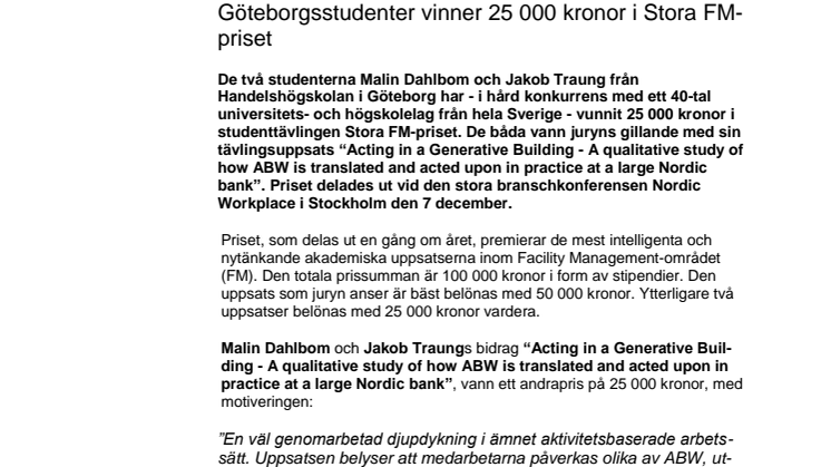 Göteborgsstudenter vinner 25 000 kronor i Stora FM-priset 