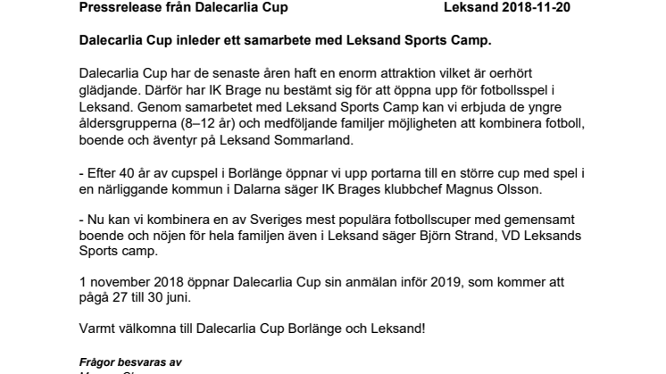 Dalecarlia Cup inleder ett samarbete med Leksand Sports Camp