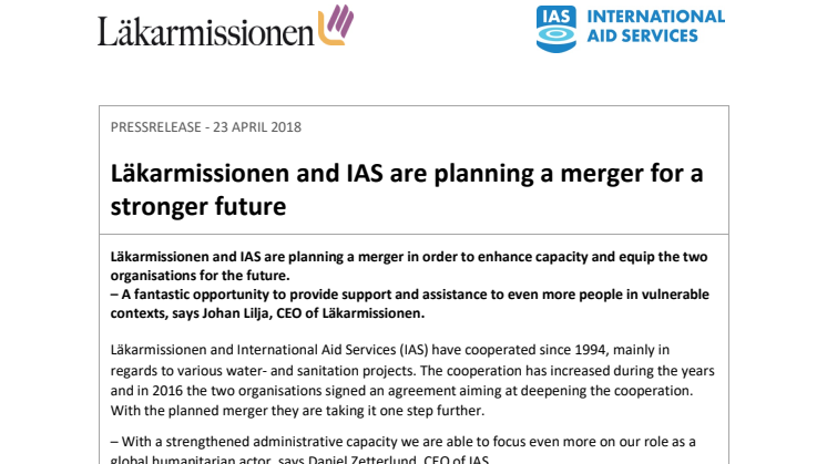 Läkarmissionen and IAS/Sweden are planning a merger for a stronger future