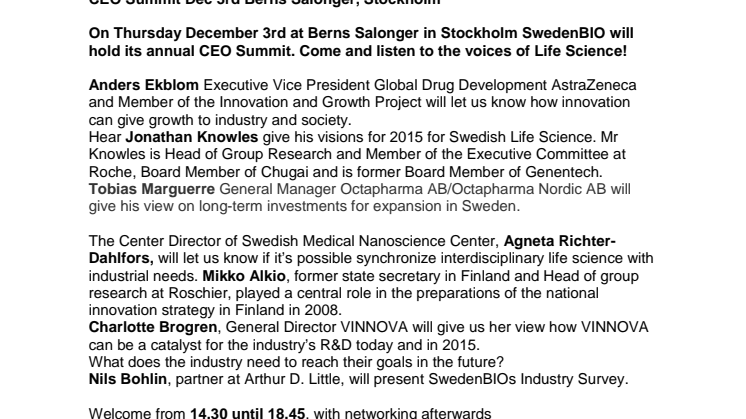SwedenBIO CEO Summit, Dec 3rd Berns Salonger in Stockholm