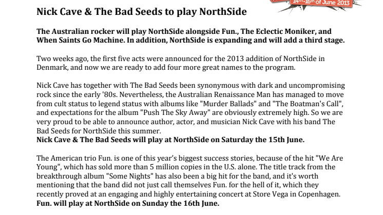 Nick Cave & The Bad Seeds to play NorthSide