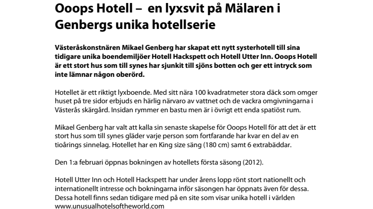 Ooops Hotell –  en lyxsvit på Mälaren i Genbergs unika hotellserie