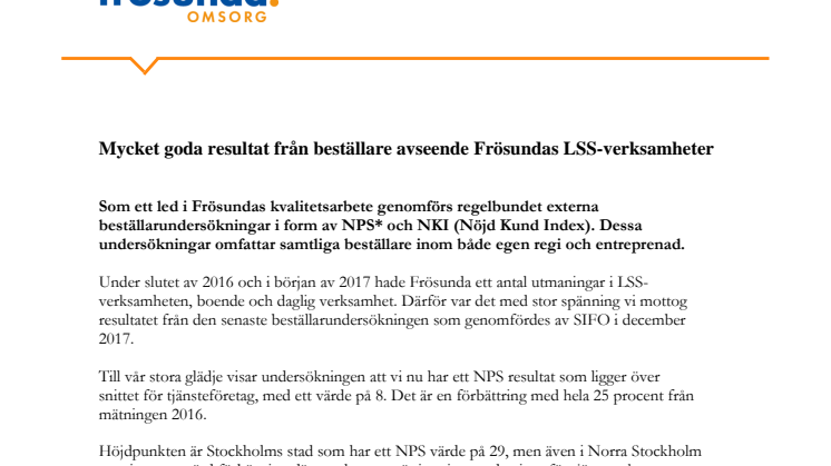 Mycket goda resultat från beställare avseende Frösundas LSS-verksamheter