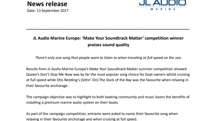 JL Audio Marine Europe: ‘Make Your Soundtrack Matter’ competition winner praises sound quality