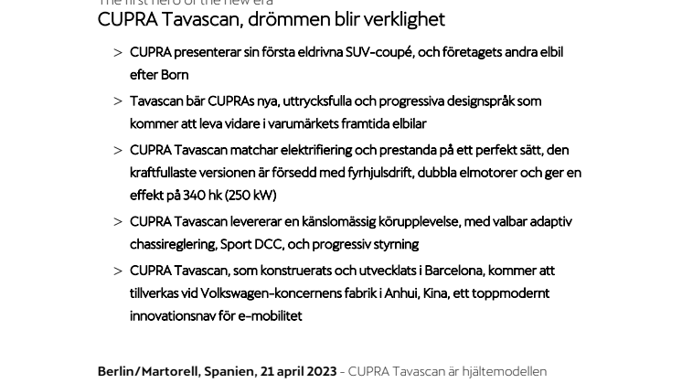 CUPRA Tavascan presskit på svenska
