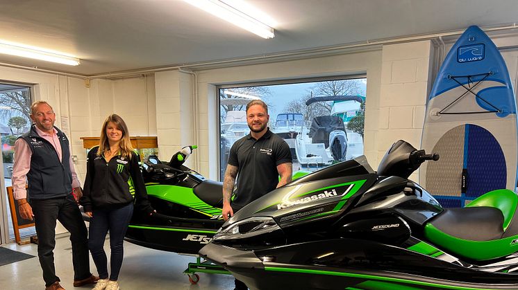 Bates Wharf Chertsey Showroom from left to right: Richard Bates & Kelly Barker of Bates Wharf & Jake Harvey of Kawasaki Watercraft UK