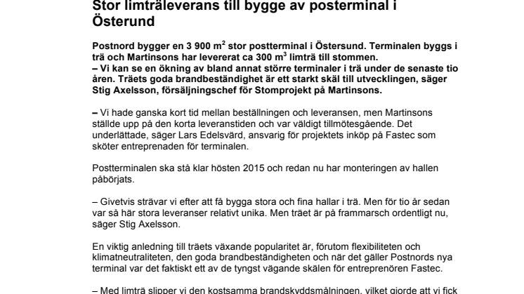 Stor limträleverans till bygge av posterminal i Östersund