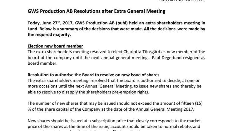 GWS Production AB Resolutions after Extra General Meeting 