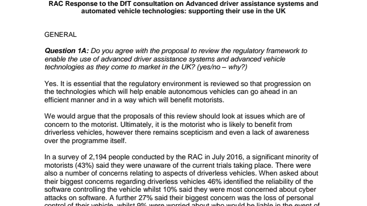 RAC response to the DfT advanced driver assistance systems and automated vehicle technologies consultation