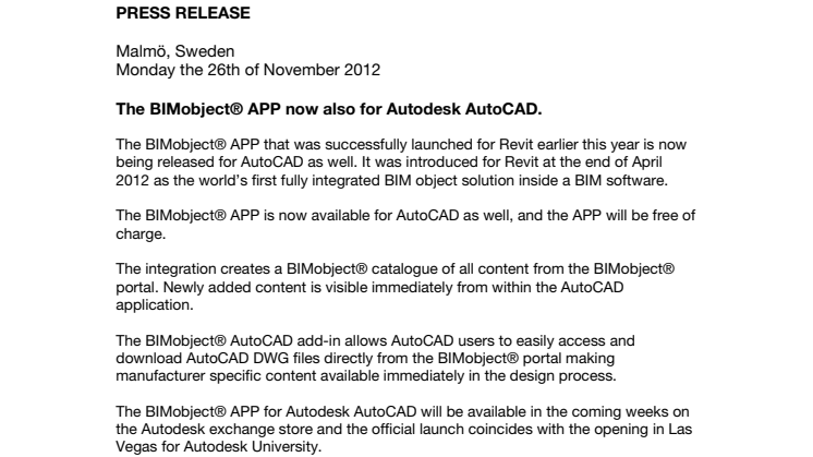 The BIMobject® APP for Autodesk AutoCAD
