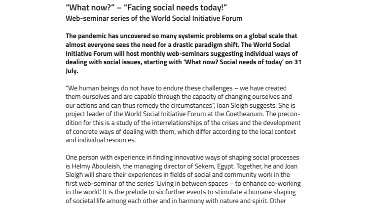 “What now?” – “Facing social needs today!” – Web-seminar series of the World Social Initiative Forum