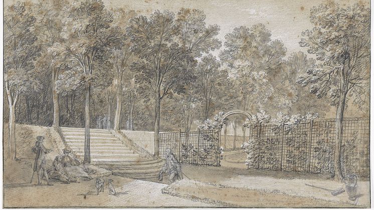 Jean-Baptiste Oudry, Vy av trädgården i Arcueil sedd mot norr med orangeriterrassen samt skogsparkens höjd eller s.k. taluskon, 1744–1747. Foto: Viktor Fordell/Nationalmuseum.