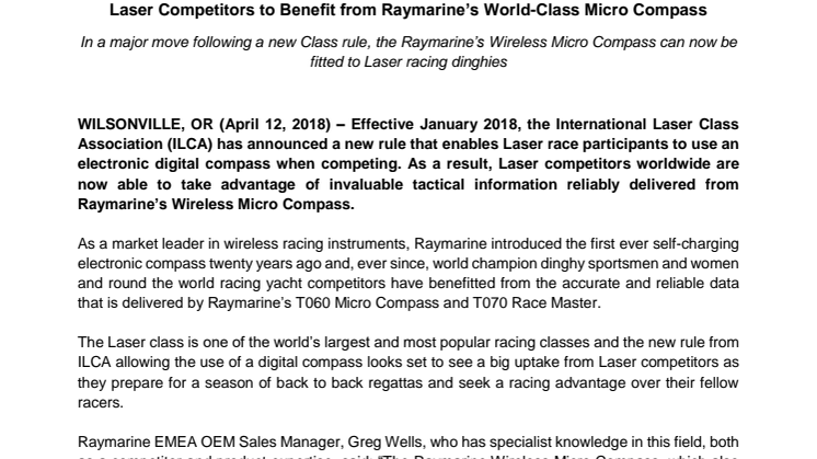 Laser Competitors to Benefit from Raymarine’s World-Class Micro Compass