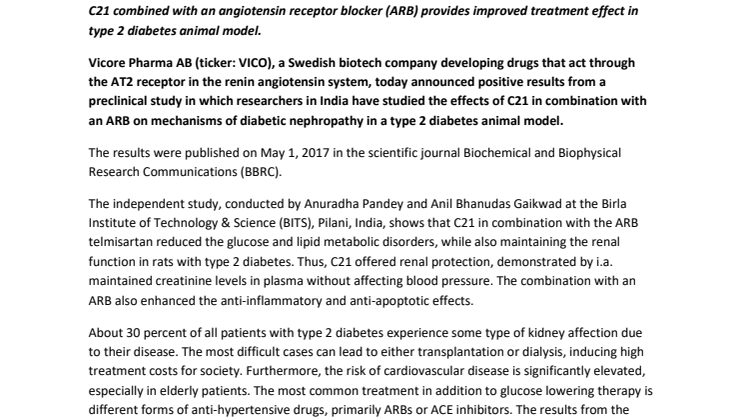 New positive study results on diabetic nephropathy with Vicore Pharma's candidate drug C21
