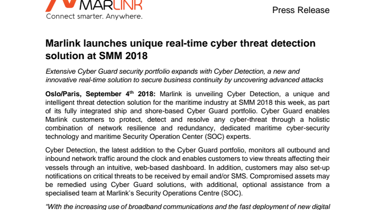 Marlink launches unique real-time cyber threat detection solution at SMM 2018