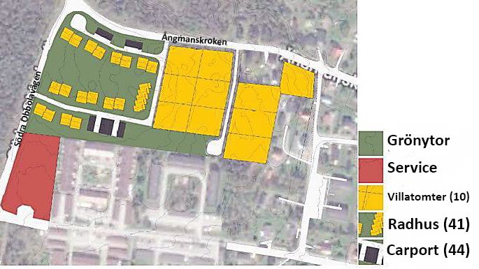 Inlämnad situationsplan. Exploateringsgraden inte beslutad. Rödmarkerat område för tänkt serviceboende/trivselboende  är kommunalägd mark.