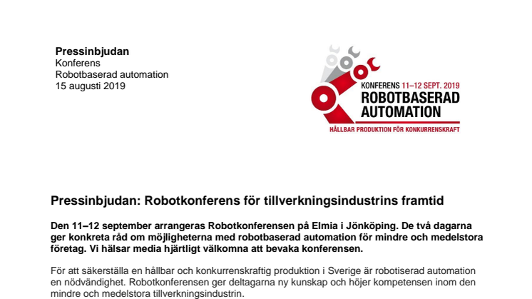 Påminnelse pressinbjudan: Robotkonferens för tillverkningsindustrins framtid