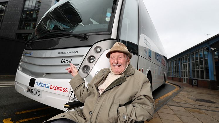 Cecil Higgins with his named National Express coach.