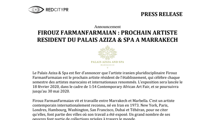 FIROUZ FARMANFARMAIAN : PROCHAIN ARTISTE RESIDENT DU PALAIS AZIZA AND SPA A MARRAKECH